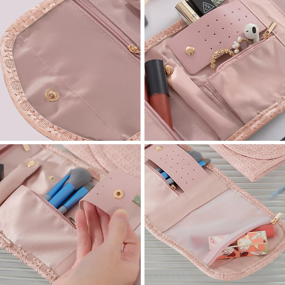 Bolsa de rodillos para joyas, organizador de viaje, piel sintética, almacenamiento para pendientes, rosa