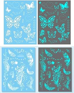 ستيكر تاتو مؤقت بتأثير جليتر لامع يضئ في الظلام بتصميم فراشات وريشة للنساء، مجموعة من ورقتين في العبوة