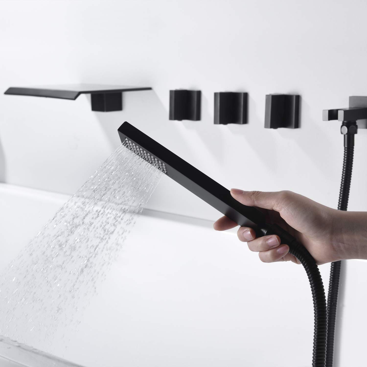 Sumerain Wand-Wannenarmatur Mit Handbrause – Wasserfall-Auslauf, Mattschwarz, Hoher Durchfluss (wandmontiert)