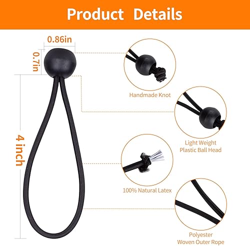 Miniatura 2 de Cuerdas elásticas de bolas de 4 pulgadas, 50 unidades, color negro, resistentes para toldo, lona, para campamento, refugio, carga, pantalla de