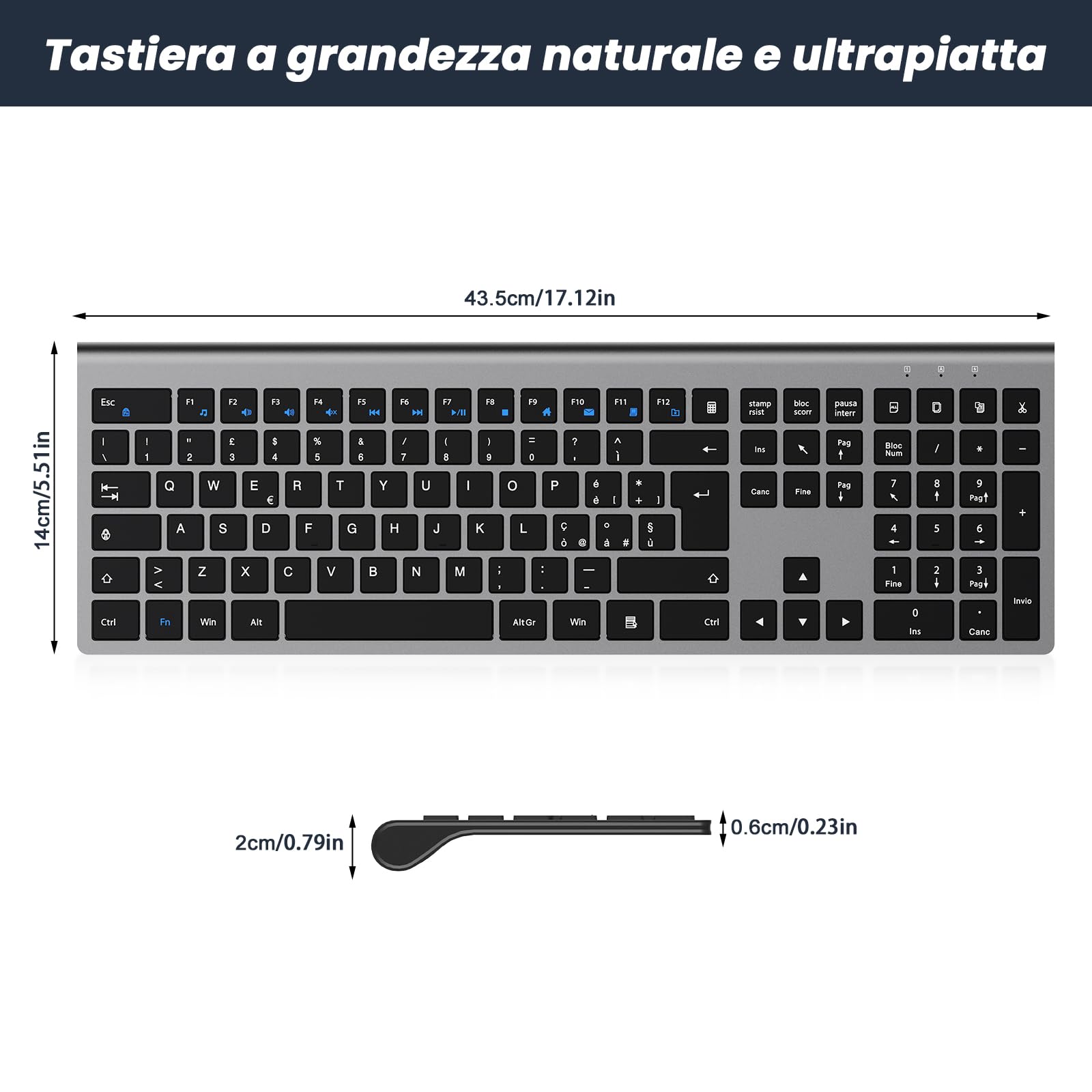 cimetech Tastiera wireless ricaricabile - Layout italiano QWERTY, digitate con facilità e raddoppiate la vostra efficienza - Tecnologia della tastiera per laptop di alta gamma （grigio）