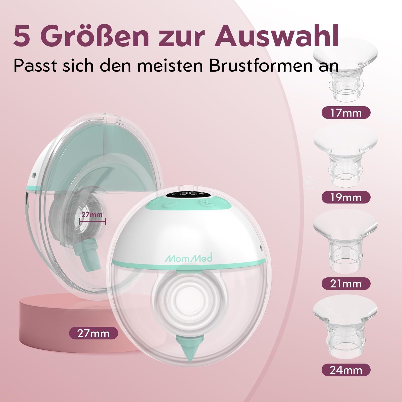 MOMMED Milchpumpe, 27mm Milchpumpe Elektrisch mit 4 Modi & 12 Saugstärken, Eingebautem Nachtlicht & Leckschutz-Design, Inklusive 17/19/21/24mm Flansch-Einsätze