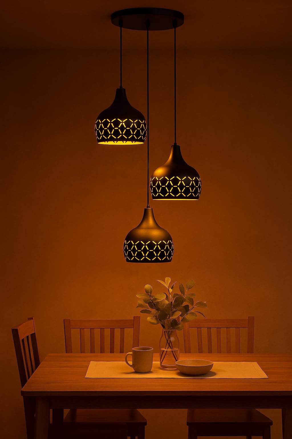 TRIPPING Black Industrial Pendant Lamp with 3 Adjustable Hanging Lights – Vintage Helmet-Shaped Design, Laser-Cut Pattern, Warm Ambient Glow – Ideal for Dining, Living Room, Café, Bar Décor