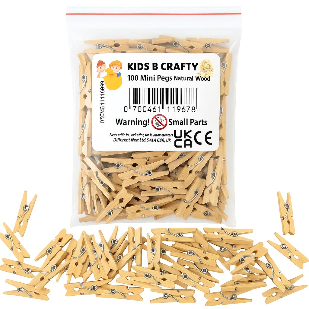 Craft Pegs & Small Wooden Pegs – 100 Tiny Wooden Clips (25mm, Brown) | Mini Clips for Photos, Cards, DIY Projects & Classroom Decorations