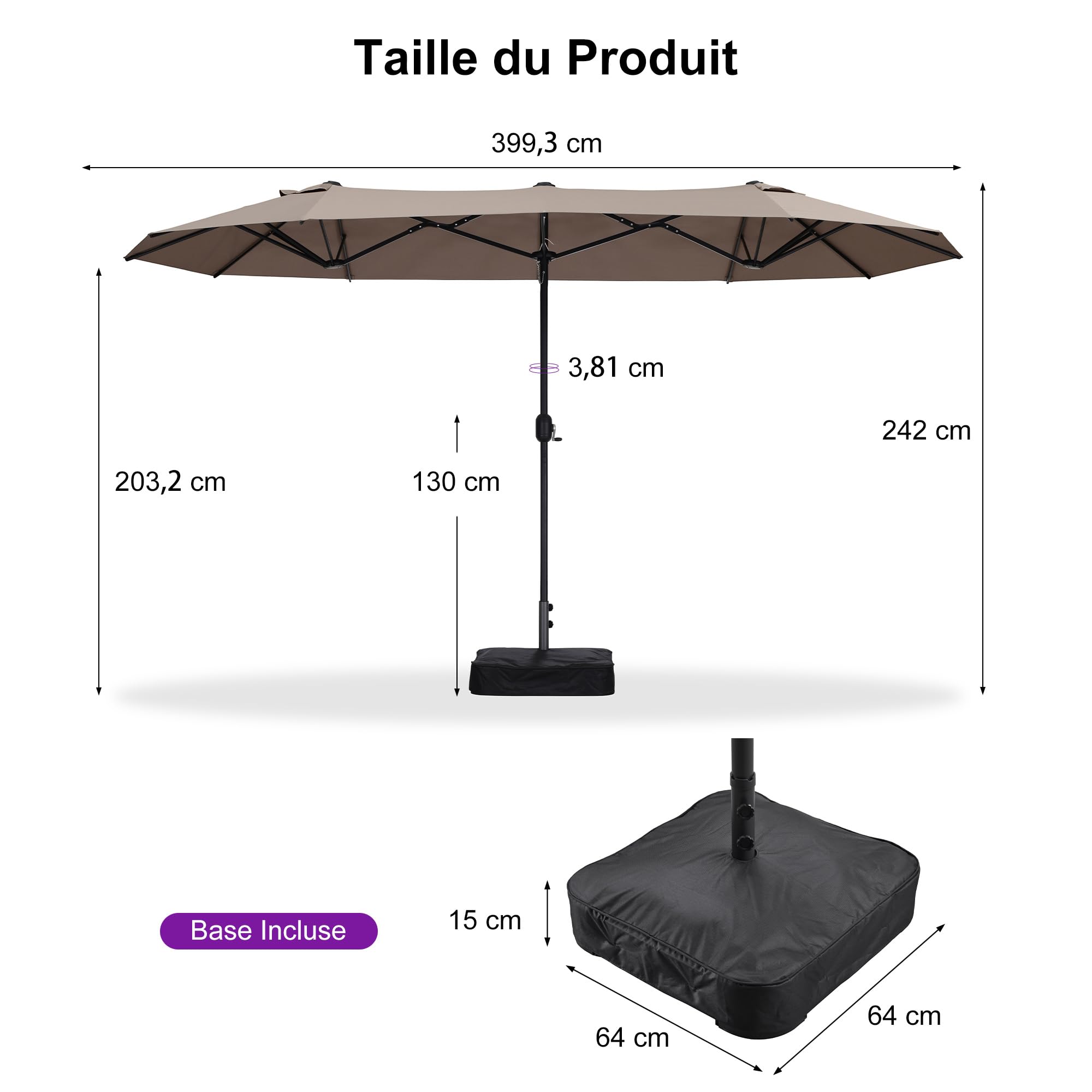 PURPLE LEAF Ombrellone da giardino con piedistallo, 4 x 2 x 2,4 m, colore: