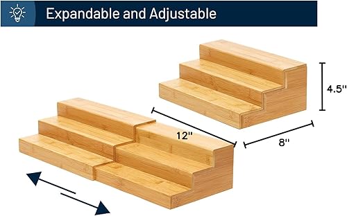 Miniatura 9 de RoyalHouse Organizador de especias expandible de bambú, armario de cocina ajustable de 3 niveles, estante de exhibición de encimera, organizador de