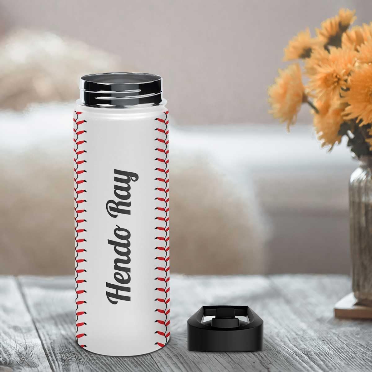 Winorax Personalized Baseball Water Bottle - Heartbeat Insulated Stainless Steel Sports Travel Coffee Bottle for Men, Women, Kids - 12oz, 18oz, 32oz - Gifts for Players, Fans, Coaches