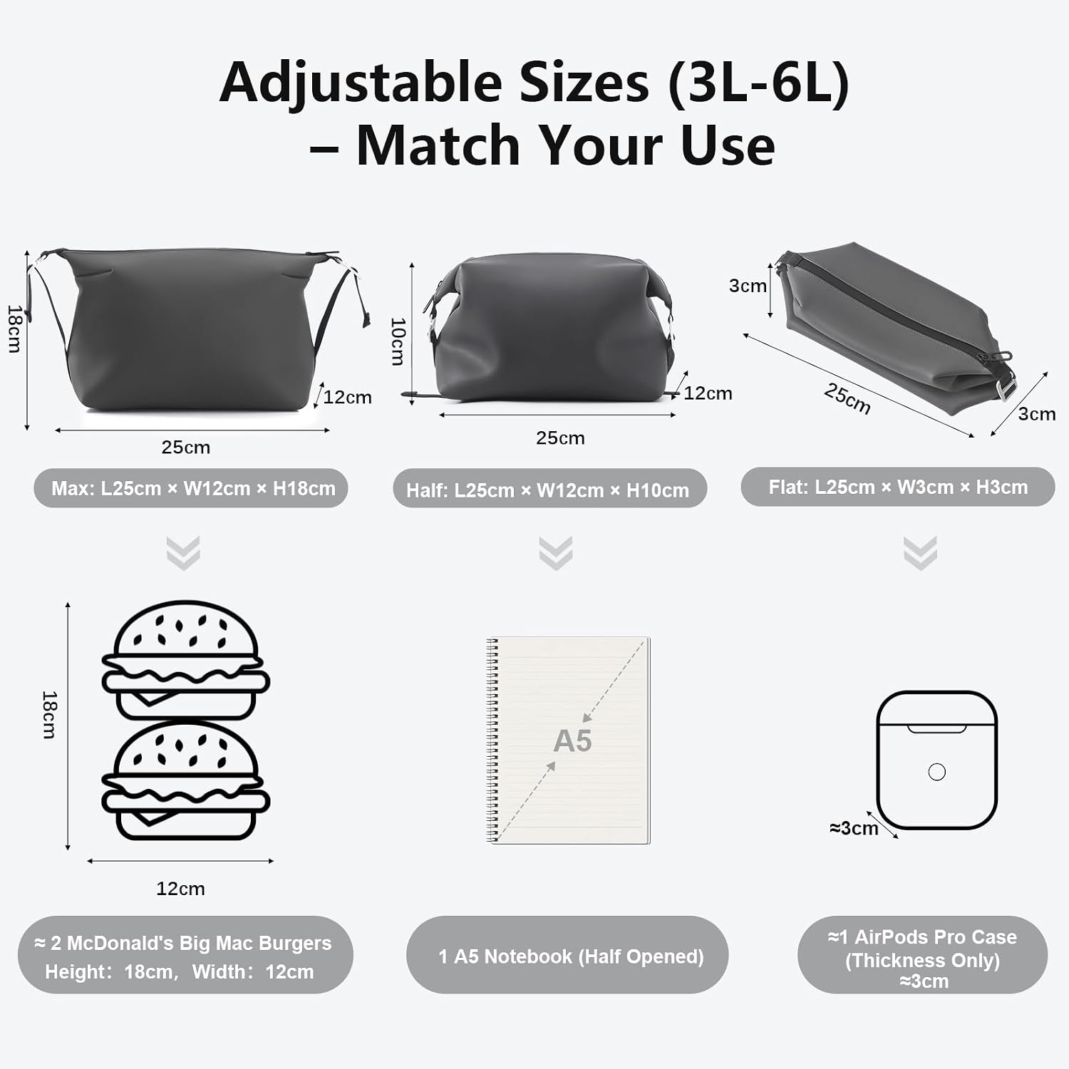 Vomgomfom 6L 13 Inch Silicone Toiletry Bag, Waterproof Leakproof Travel Cosmetic Organizer, Adjustable G-Buckle Compression Dopp Kit, Foldable Makeup Bag for Women & Men (Grey, 13" 6L)