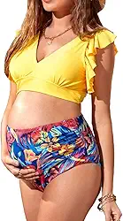 Conjunto de biquíni vintage de duas peças com babados e cintura alta para gestantes