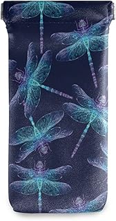 Squeeze Top Sunglasses Pouch Eyeglass Cases PU Leather Soft Anti-Scratch Eyeglass Holder (Blue Green Dragonfly)