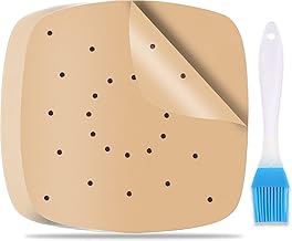 200 Stück Airfryer Backpapier 20cm mit Ölpinsel, Heißluftfritteuse Backpapier, Perforiert Air Fryer Baking Paper, Backpapier Airfryer, Airfryer Papier für Heißluftfritteuse, Ofen und Mikrowelle
