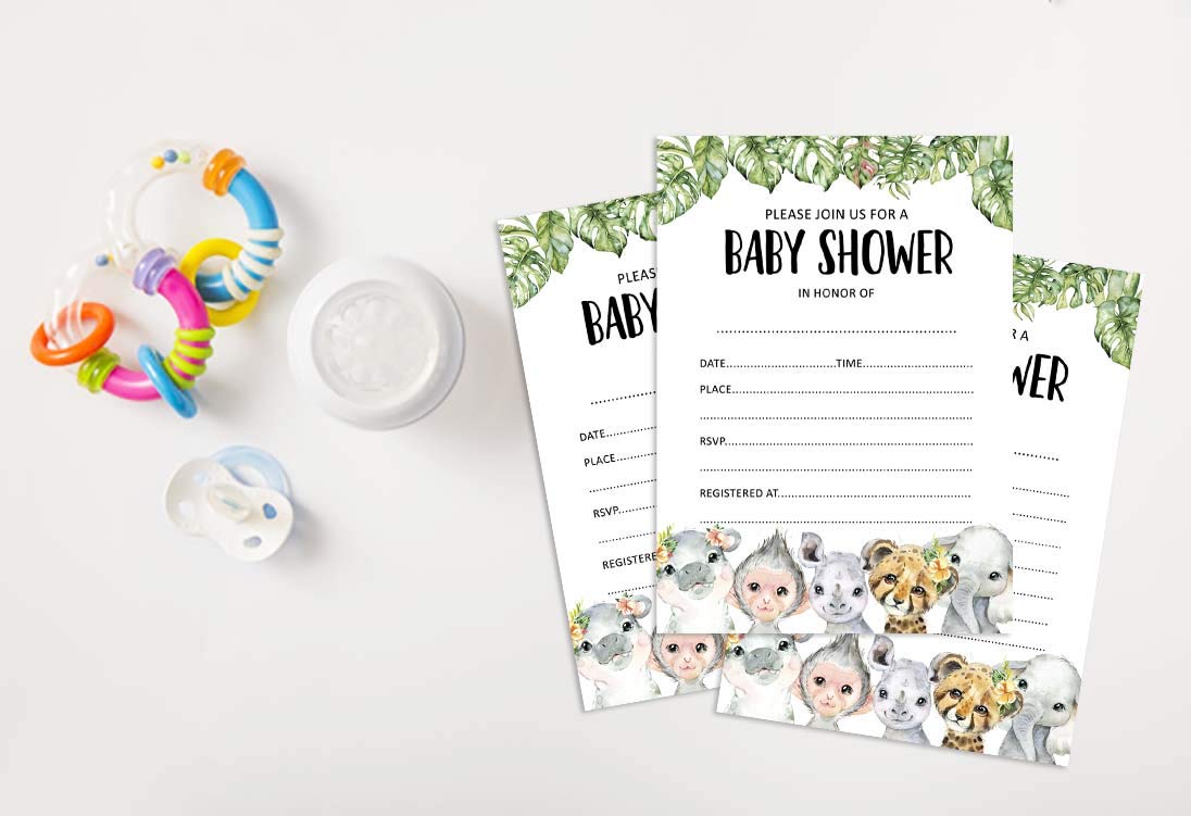 Yuzioey - Kit Completo Per Safari Baby Shower: 50 Inviti Con Buste, Biglietti Lotteria Pannolini E Richiesta Libri, Tema Animali Giungla