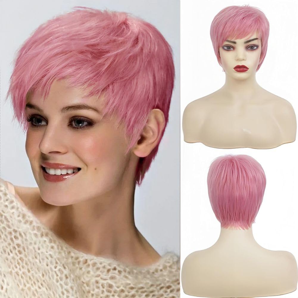 Amnenl Short Pink Wig for Women Layered side Part with Bangs Wigs Synthetic Hair Pixie Cuts Wigs for Cosplay Halloween Party Use