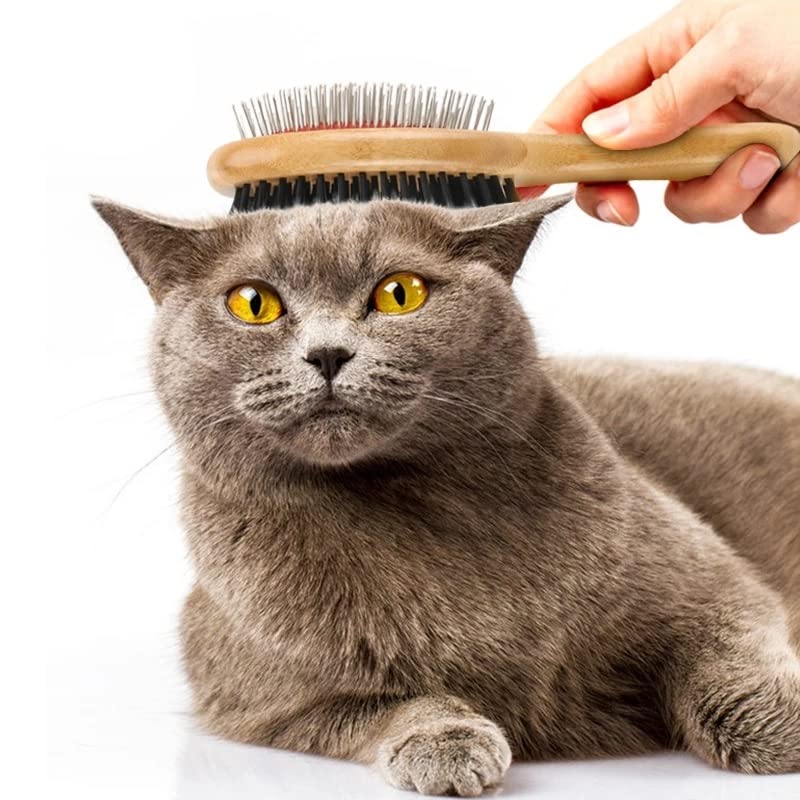 Pet Brush, Pet Brush Bamboo Long Handle Cat Dog Pet Grooming Comb Pet Slicker Brush Double Side Remove Hair Brush Cat Comb Pet Brushes(Small SIZE)