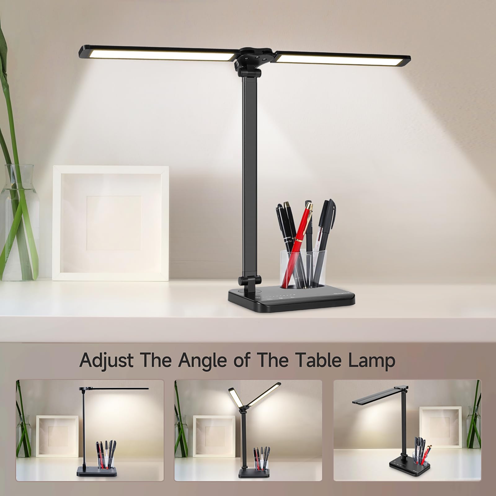 rigors Lampada da Scrivania Doppia Testa, 10 livelli di luminosità 5 modalità di illuminazione, Lampada da lavoro con porta di ricarica USB e Timer 45 minuti, Lampada da Tavolo per Ufficio, Monitor
