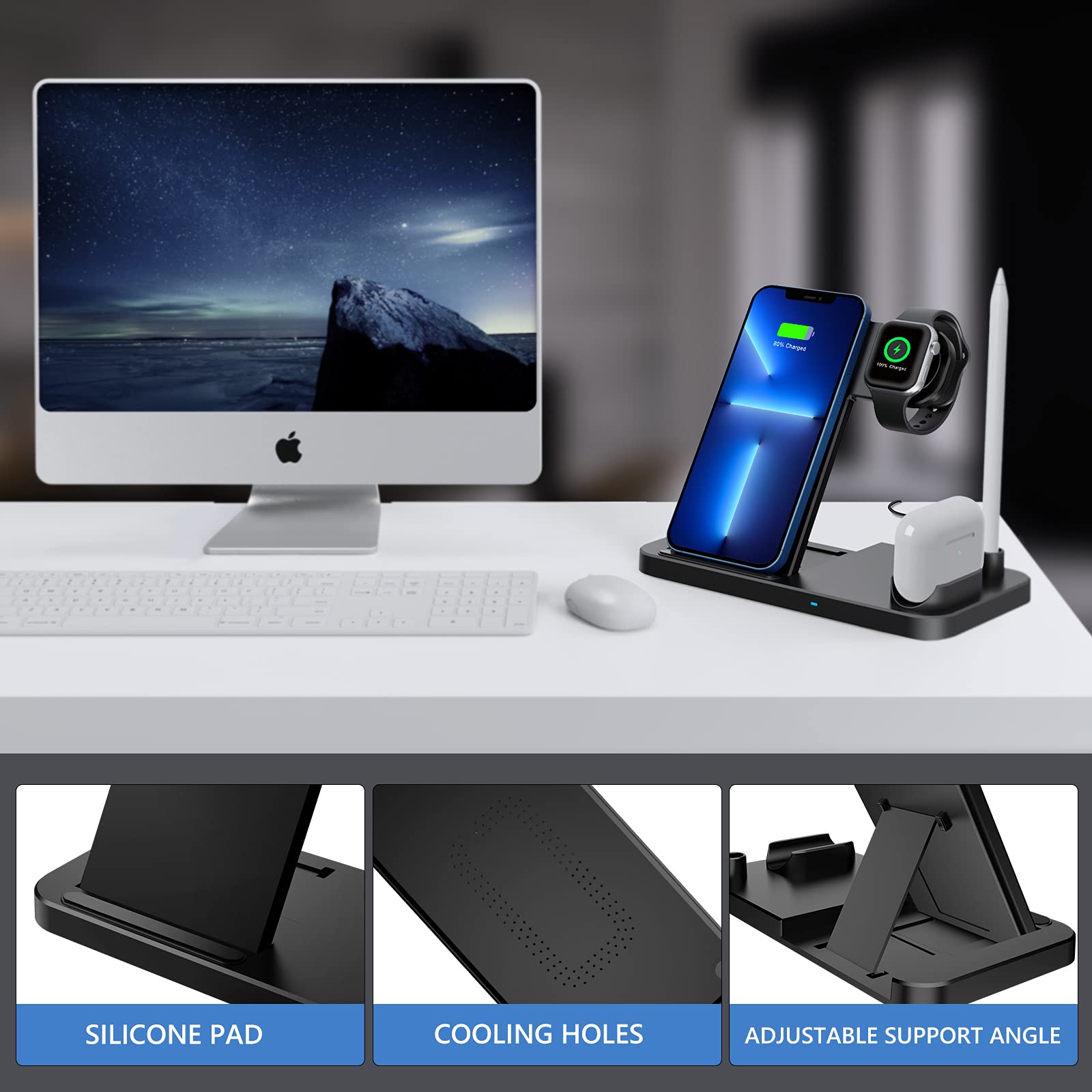 Caricatore senza fili, 4 in 1, con adattatore rapido da 18 W, per Apple Watch Airpods Pro, certificato Qi per iPhone 12/SE/11/X/XR/Xs Max/8, Samsung Galaxy S20/S10