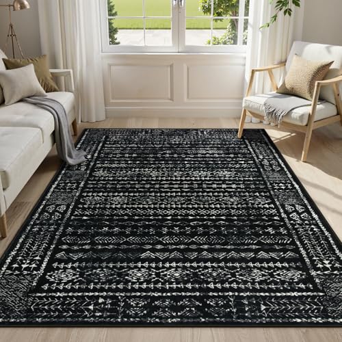 Tapete Boho negro y blanco 5x7 lavable para sala miniatura 1