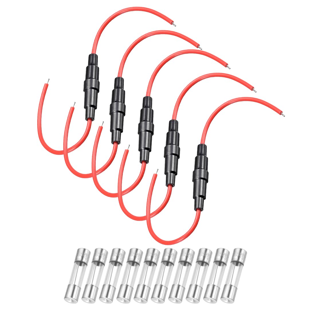 sourcing map 5 Pcs 5x20mm Inline Screw Type Fuse Holder 18 Gauge AWG Red Wire with 10 Pcs 8A Fast Blow Glass Fuses