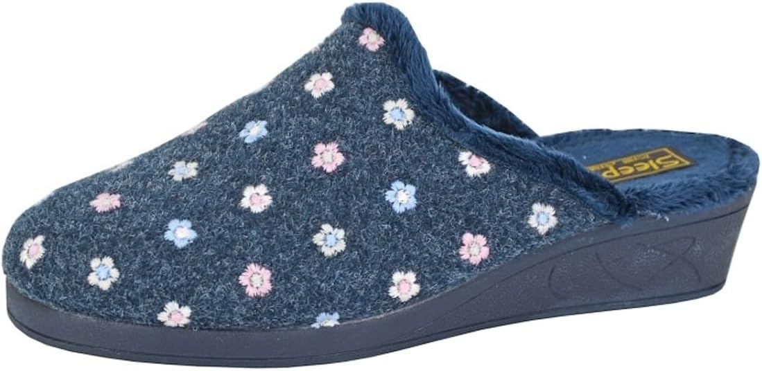 Sleepers LS183 JOSEPHINE Ladies Comfort Floral Embroidered Wedge Slip-on Mule Slippers