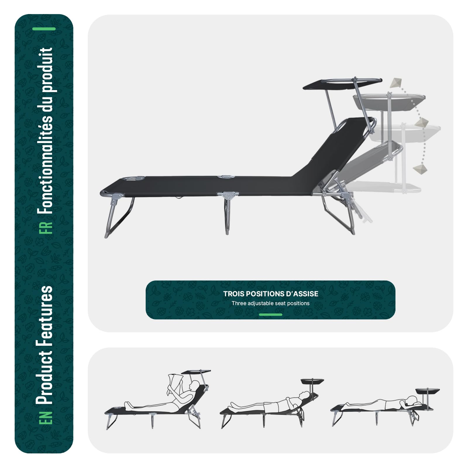 VOUNOT® Set di 2 Sdraio da Giardino Pieghevole, Lettino Prendisole con Tettuccio Parasole e Schienale Regolabile, Sdraia da Balcone per Spiaggia, Terrazzo e Esterno Piscina, Nero