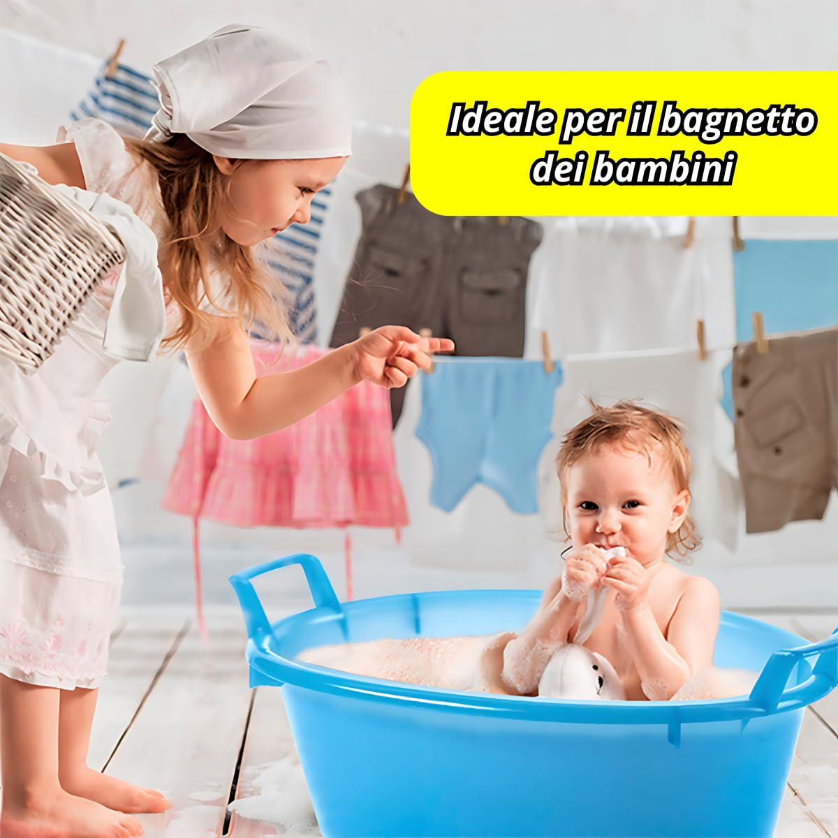 TOMAINO - Bassine à lessive en plastique rigide ronde – Conteneur à linge multifonction pour maison, lavage du linge et chien – Cuvette à lessive 18 l Ø 45 cm
