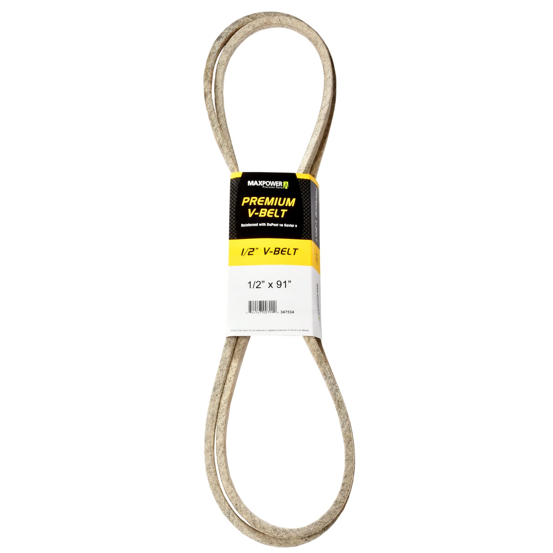 maxpower 347534 premium belt reinforced with kevlar fiber cords, 1/2" x 91",yellow