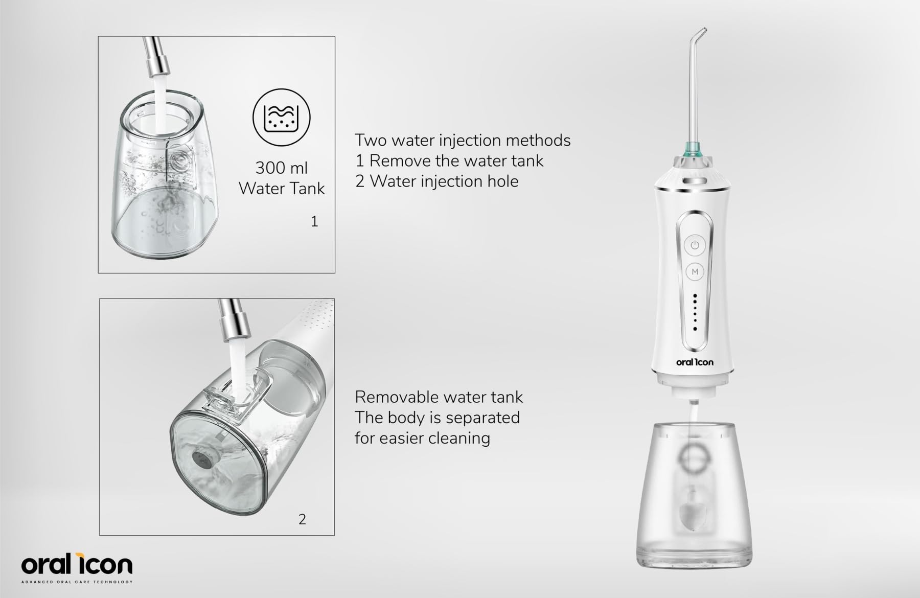 Oral Icon® Irrigatore orale elettrico con getto pulsante Tecnologia GumGentle+™ 5 livelli di pressione Serbatoio 300 ml Senza fili IPX7 impermeabile 5 attacchi