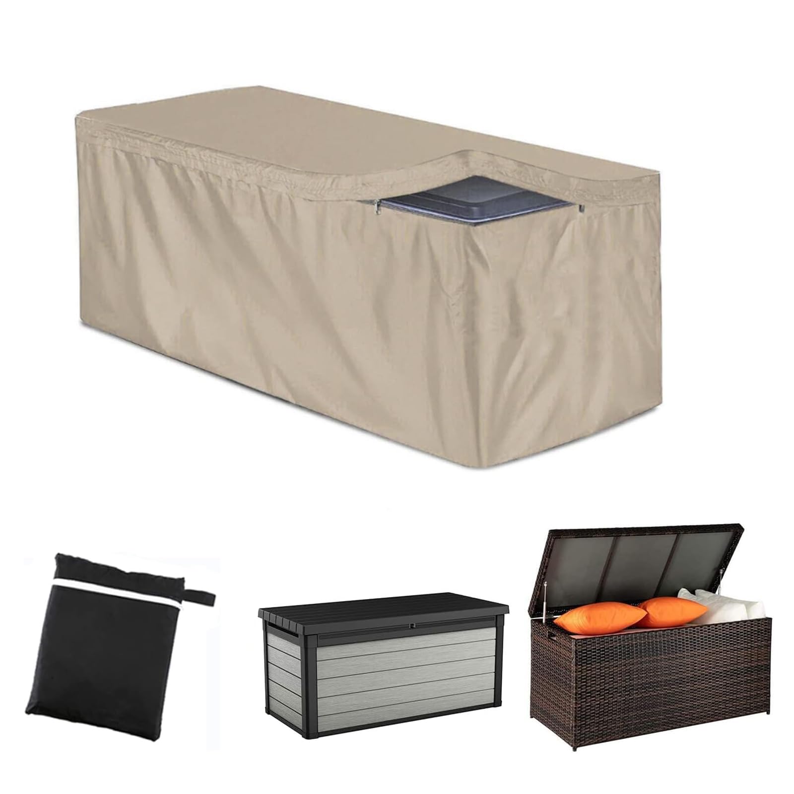 Housse Coffre de Rangement, 420D Oxford Bâche Pliable Coffre à Coussin Imperméable Résistante À La Pluie Et Aux UV Fermeture À Glissière Protection, pour Boîtes Terrasse Jardin (Beige,130*60*71cm)