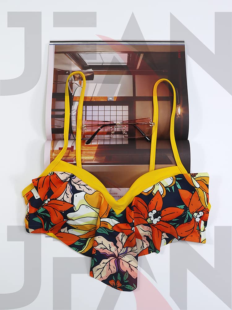 JFAN Costume da Bagno Donna Due Pezzi Bikini A Vita Alta Bottom Increspato Stampa Floreale Halter Ruffle Coordinati Blu L