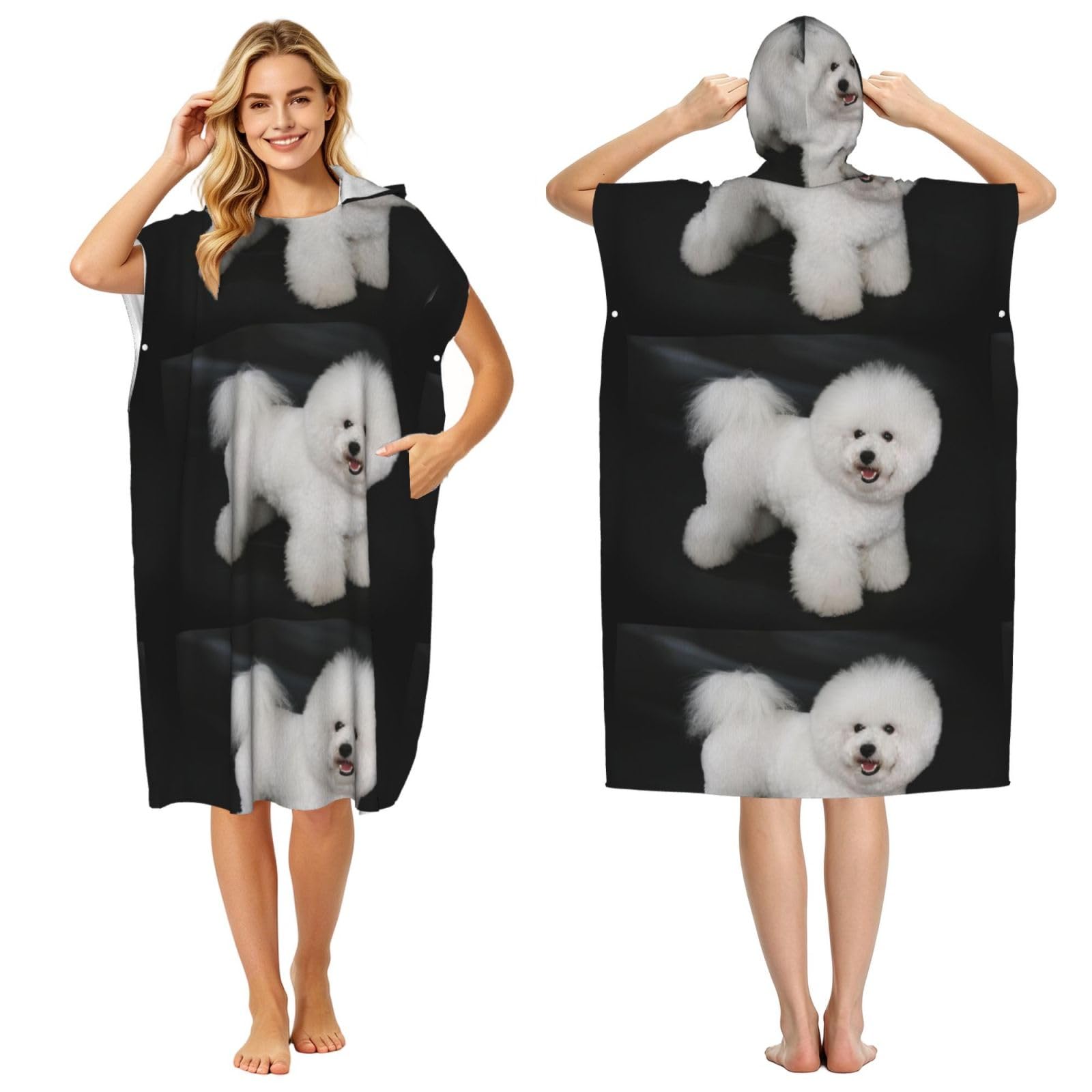 Poadnly Bichon Frise White Dogs Pets Dogs Bichon Frise, Adult Hooded Beach Towel 90 x 110 cm,Changing Bath Robe, Surf Poncho Towel For Women Men