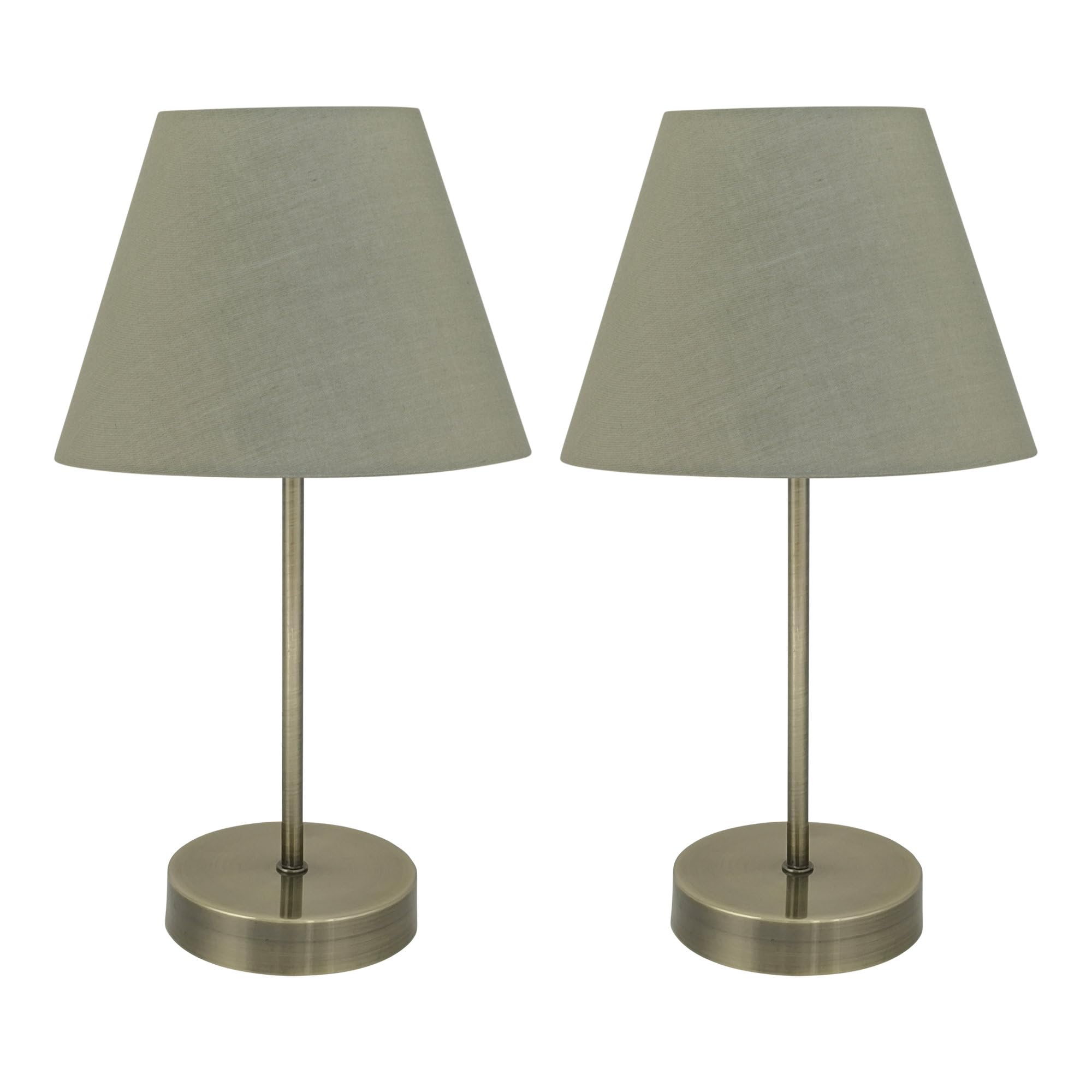 Set of 2 Antique Brass Stick Table Lamps with Sage Green Fabric Shades
