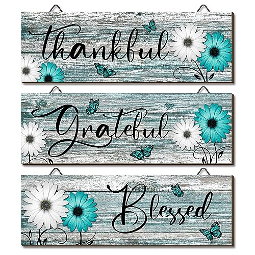 Geetery 3 Pcs Thankful Grateful Blessed Wooden Signs Rustic Daisy Wood...