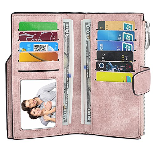 UTO RFID Wallet for Women PU Matte Leather Card Holder Organizer Zipper Coin Purse with Snap Closure Pink2