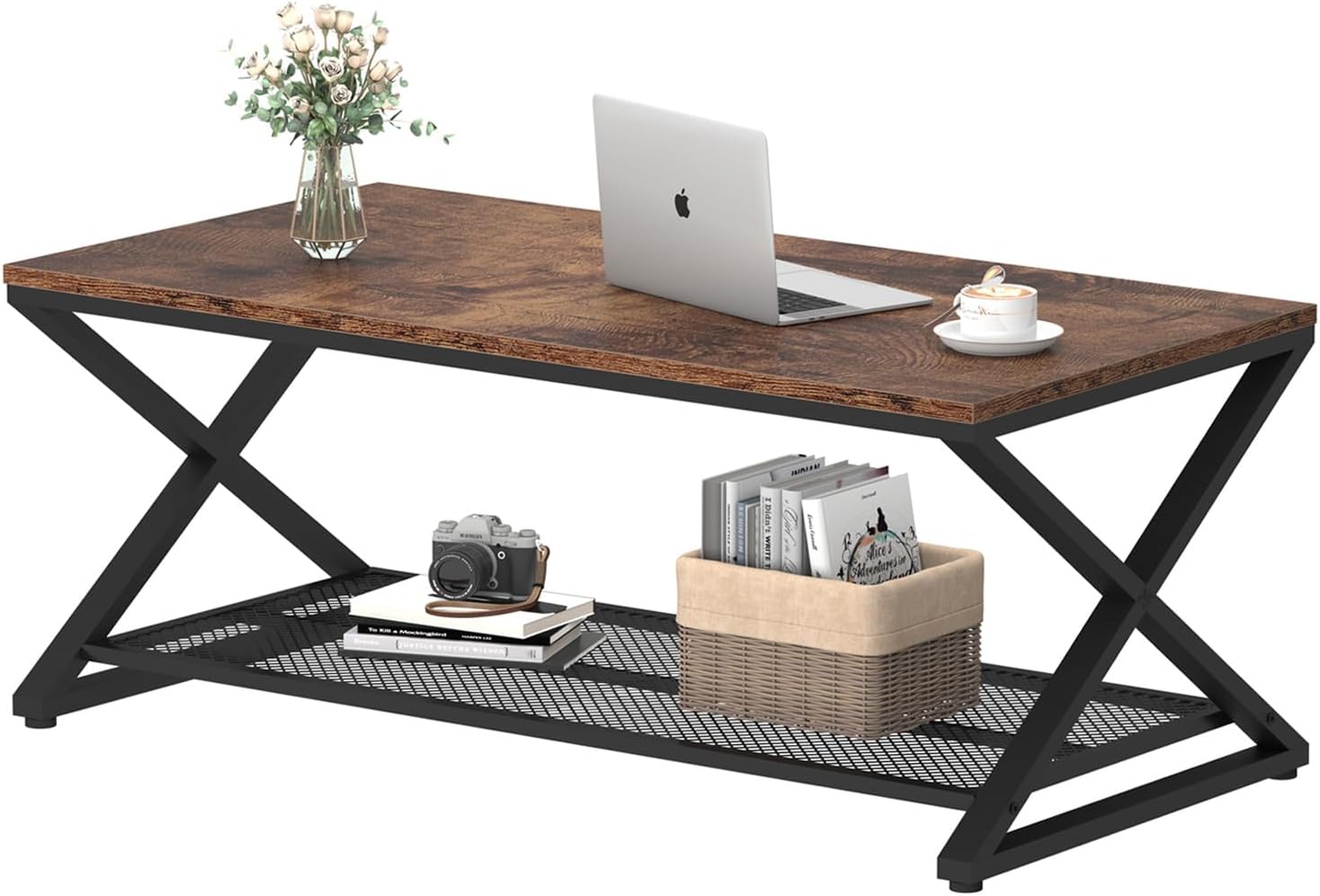 LVB Rustic Coffee Table, Industrial Metal Wood 2 Tier Cocktail Tea Table with Storage for Living Room, Farmhouse Wooden Rectangle Center Table with Mesh Shelf for Office Bedroom, 39 inch, Rustic Brown