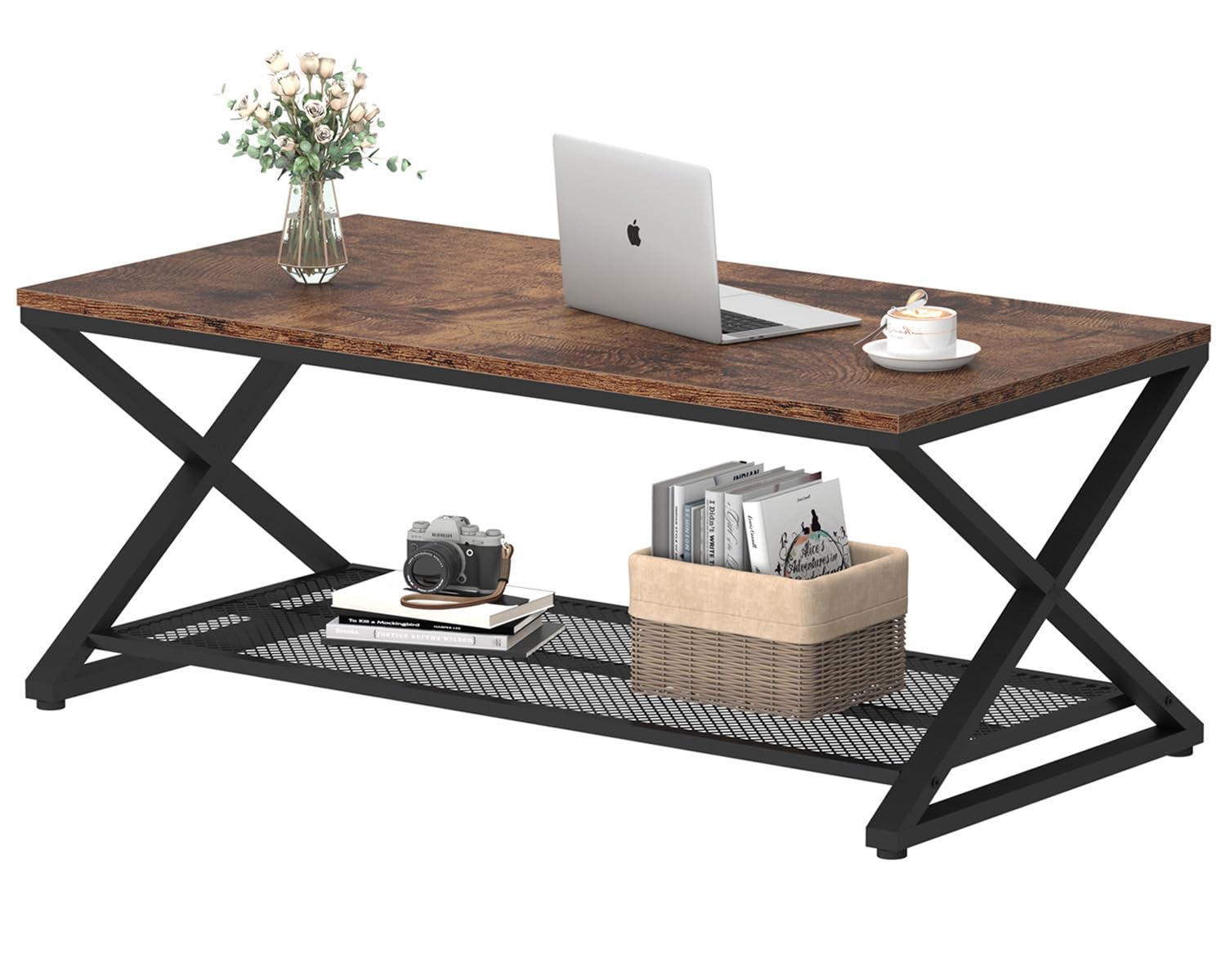 LVB Couchtisch Rechteckig mit Stauraum Wohnzimmer Möbel Wohnzimmertisch mit Stauraum Sofatisch Beistelltisch aus Holz Metall 100x60x45 cm
