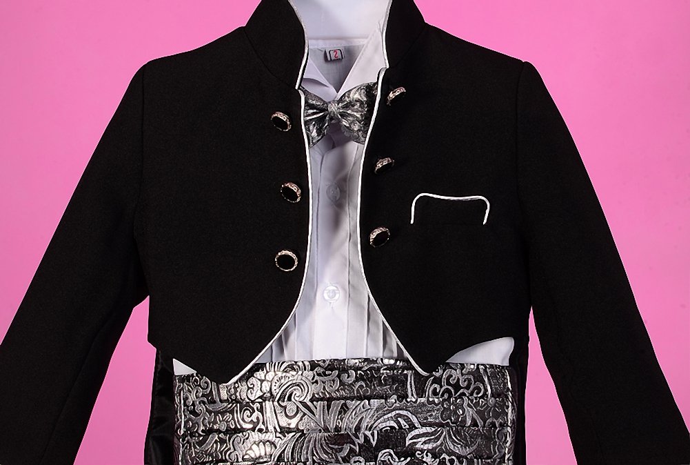 Lito Angels Ensemble 5 Pieces Smoking pour Bebe Garcon, Costume de Mariage Ceremonie Bapteme avec Cummerbund et Noeud Papillon Jacquard Argent, Noir/Blanc