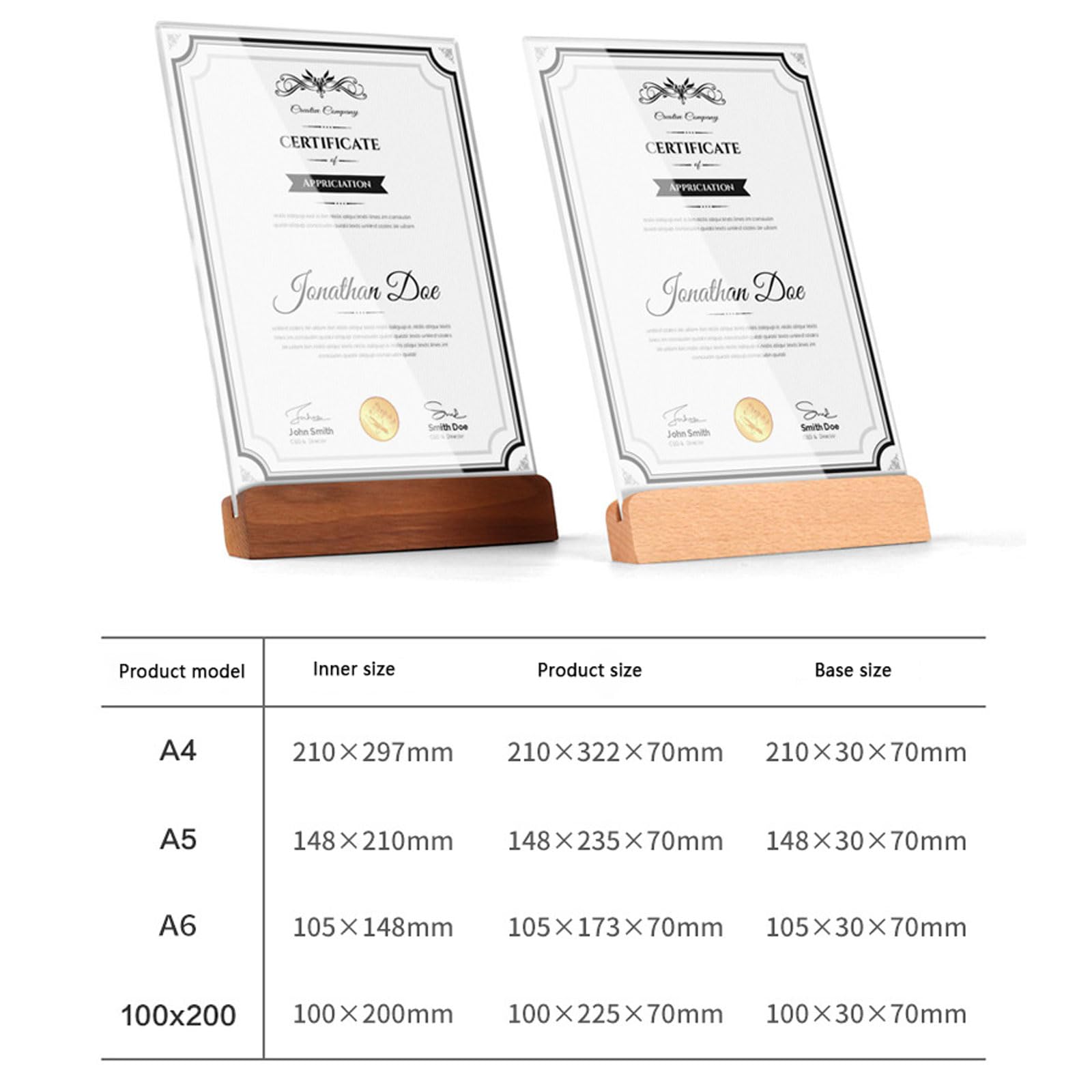 Soporte de exhibición certificado acrílico con base madera | Paquete multicolor de varios tamaños de 3 for exhibición de menús y certificados: Sala de exposición minorista(Beech,A5)