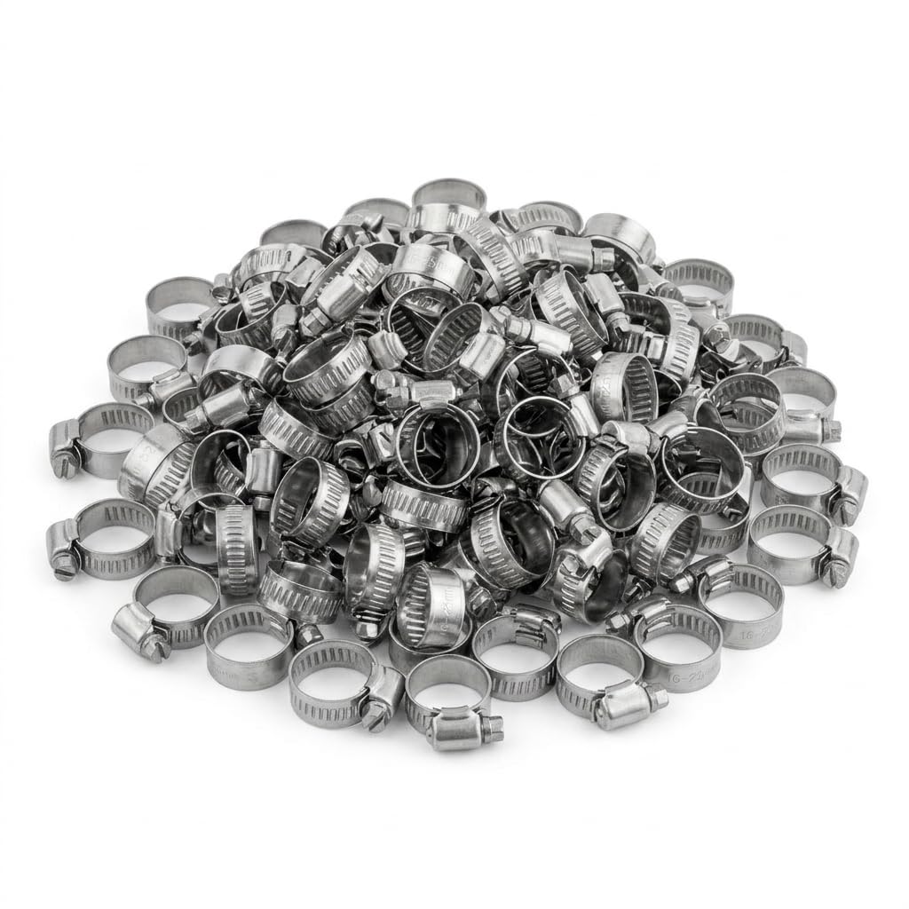 Kct Silver 100 Pack - 16Mm-25Mm Hose Pipe Clamps Adjustable 304 Stainless Steel Metal Clips For Flexible Tube Worm Drive
