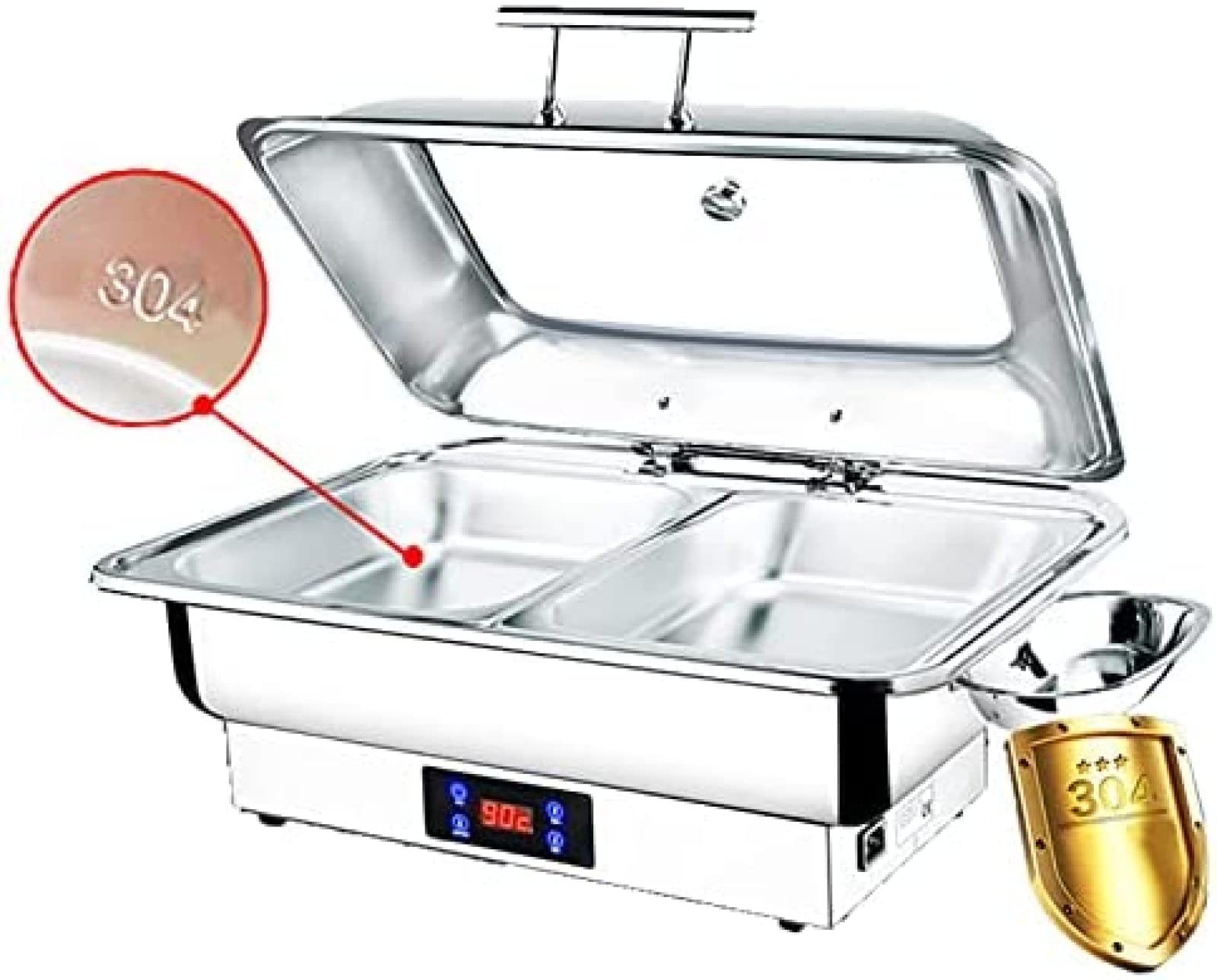 Chafing Dishes Buffet Food Warmers, Buffet Server In Stainless Steel With Touch Screen, 9L 13L Hot Plates For Keeping Food Warm, 30℃-90℃ Temperature Adjustable, Transparent Glass Cover,13l,Full-si
