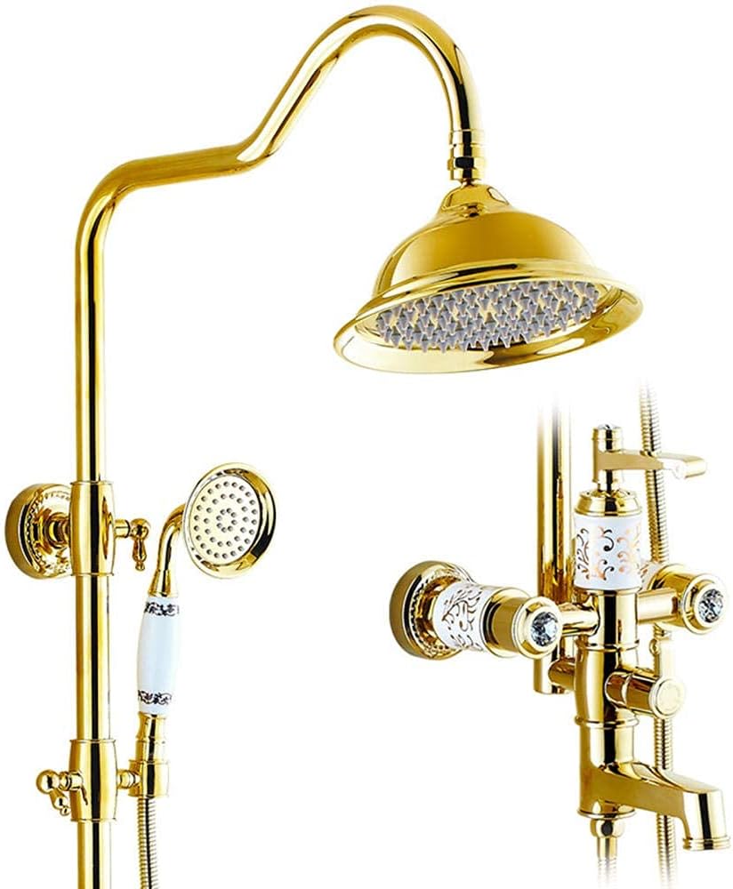 LUNEZY Shower Kits with Overhead Shower, Copper Round Rain Shower Head Ceramic Handle Multifunctional Lifting Shower Mixer Set-Golden