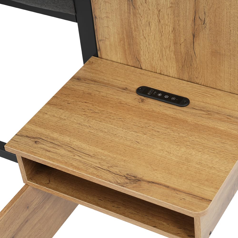 Kebnor Cama doble tapizada, cama con lámpara de lectura y mesita de noche USB C y banco con almacenamiento, estructura de cama con somier de metal, madera y lino, roble (sin colchón) (180 x 200 cm)
