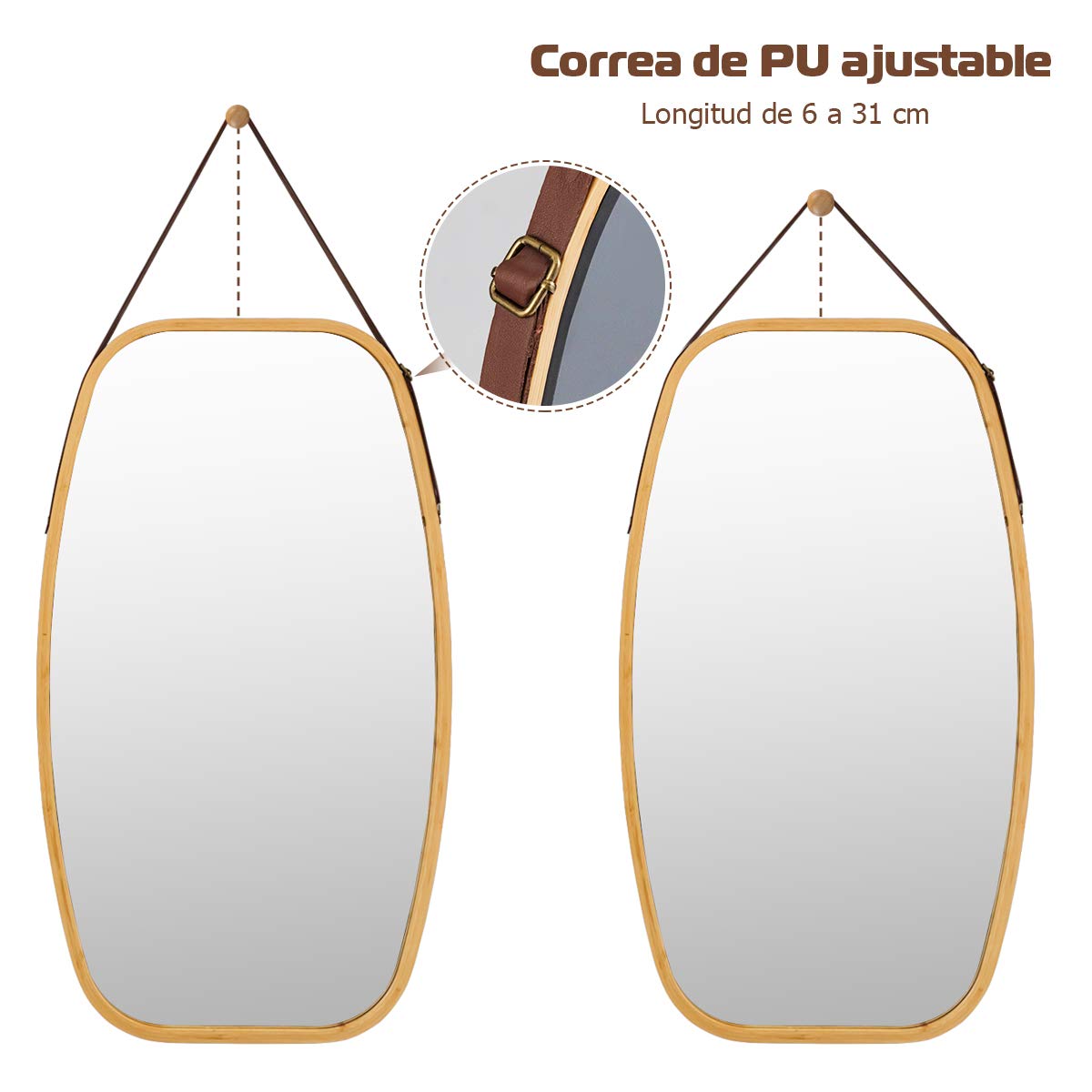 COSTWAY Espejo Colgante para Pared y Puerta con Correa de Cuero Ajustable y Marco de Bambú Espejo Decorativo para Baño Salón Dormitorio Entrada (S)