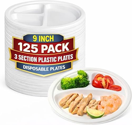 Platos seccionales de plástico de 3 compartimentos de 9 pulgadas, platos desechables con compartimento, platos seccionales redondos blancos de 9