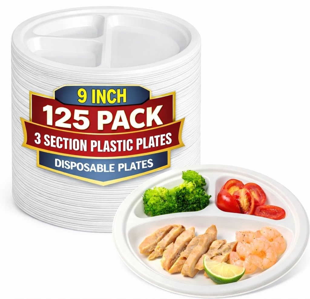 3 Compartment plates 10 inch Plastic Sectional Plates, Disposable Plates with Compartment, Round White Sectional Plates 10-inch diameter 125 pcs