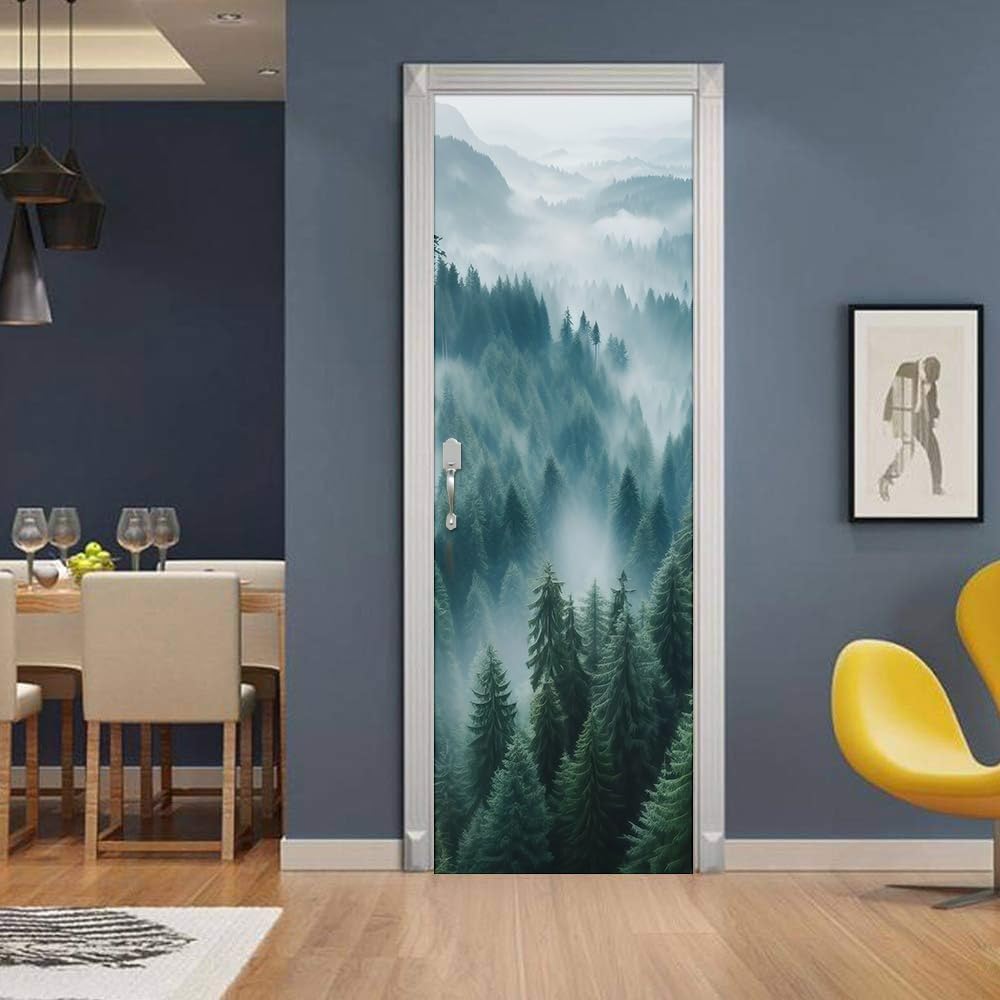 REDAMANCY Pine Tree Mountain Forest Landscape Foggy Peel and Stick Door Stickers Vinyl Decals Decor Modern Self-Adhesive, Waterproof, Removable