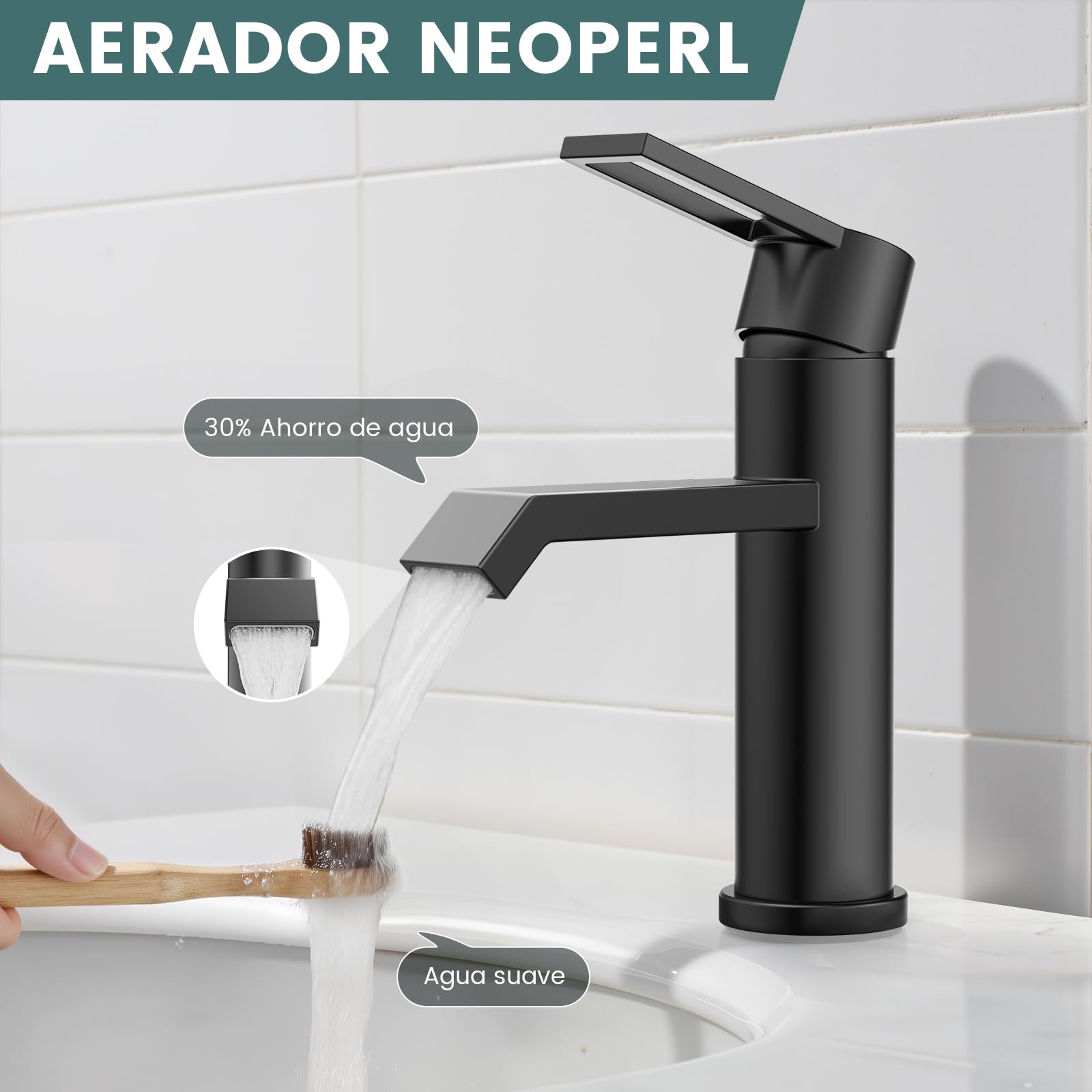 Hurran Grifo de baño negro mate, monomando para lavabo