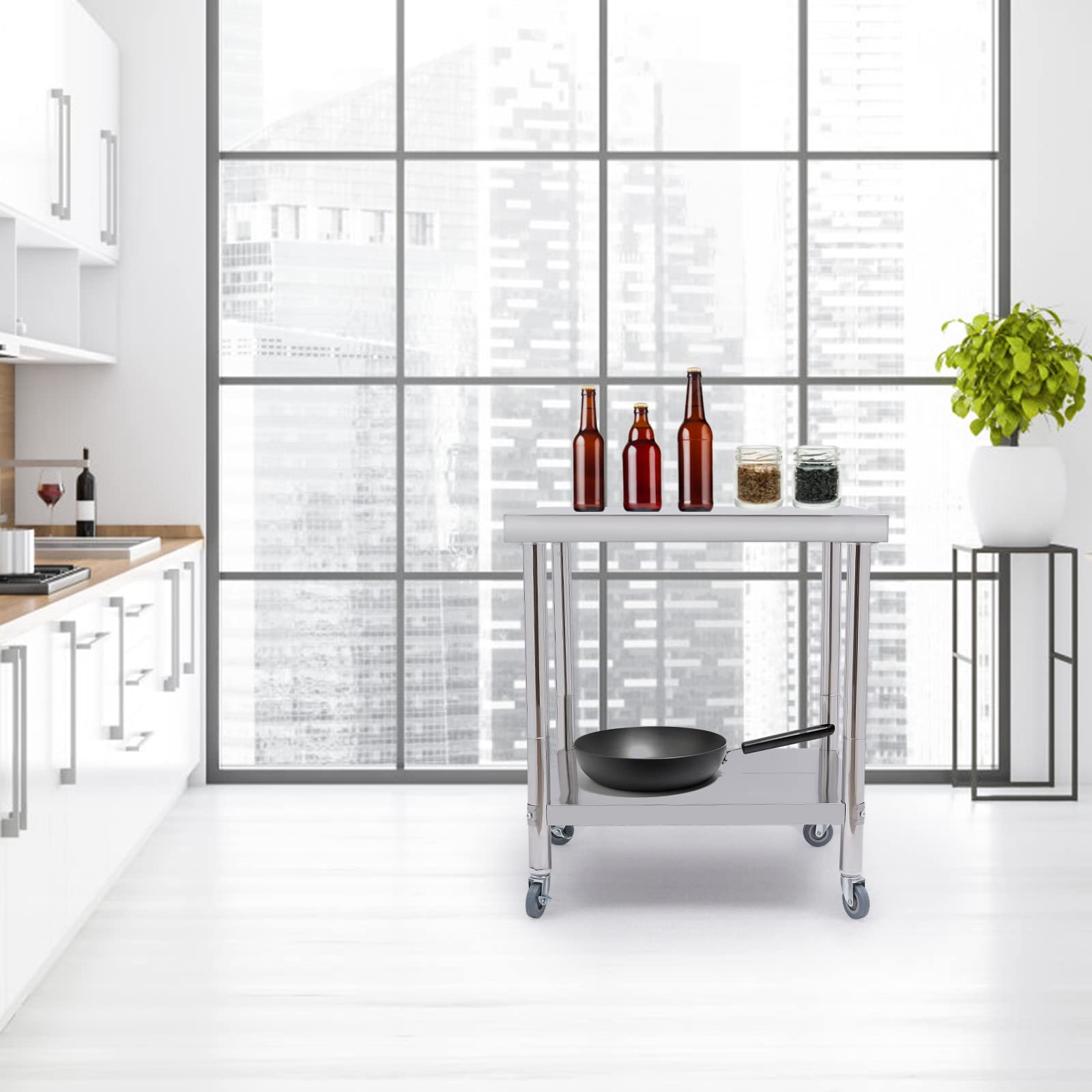 Tavolo da Lavoro Cucina in Acciaio Inox 76 x 60 x 85 cm, 2 livelli, 4 ruote di cui 2 con Freni, Carico 300 kg, per Ristoranti, Case, Hotel, Tavolo Inox di Preparazione Alimentare Versatile
