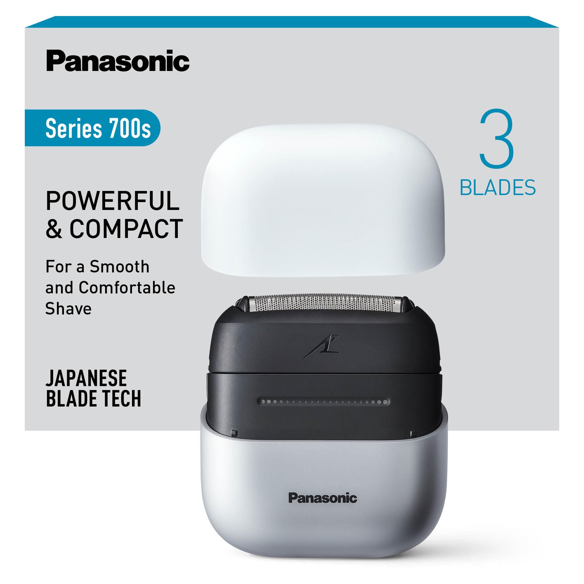 Panasonic ES-ACM3BW503 Series 700s Kompaktrasierer mit 3 Klingen, Nass- & Trockenrasierer für Männer, Bartdichten-Sensor+, IPX7 wasserdicht, USB-C-Aufladung, AC-USB-Netzteil, Weiß