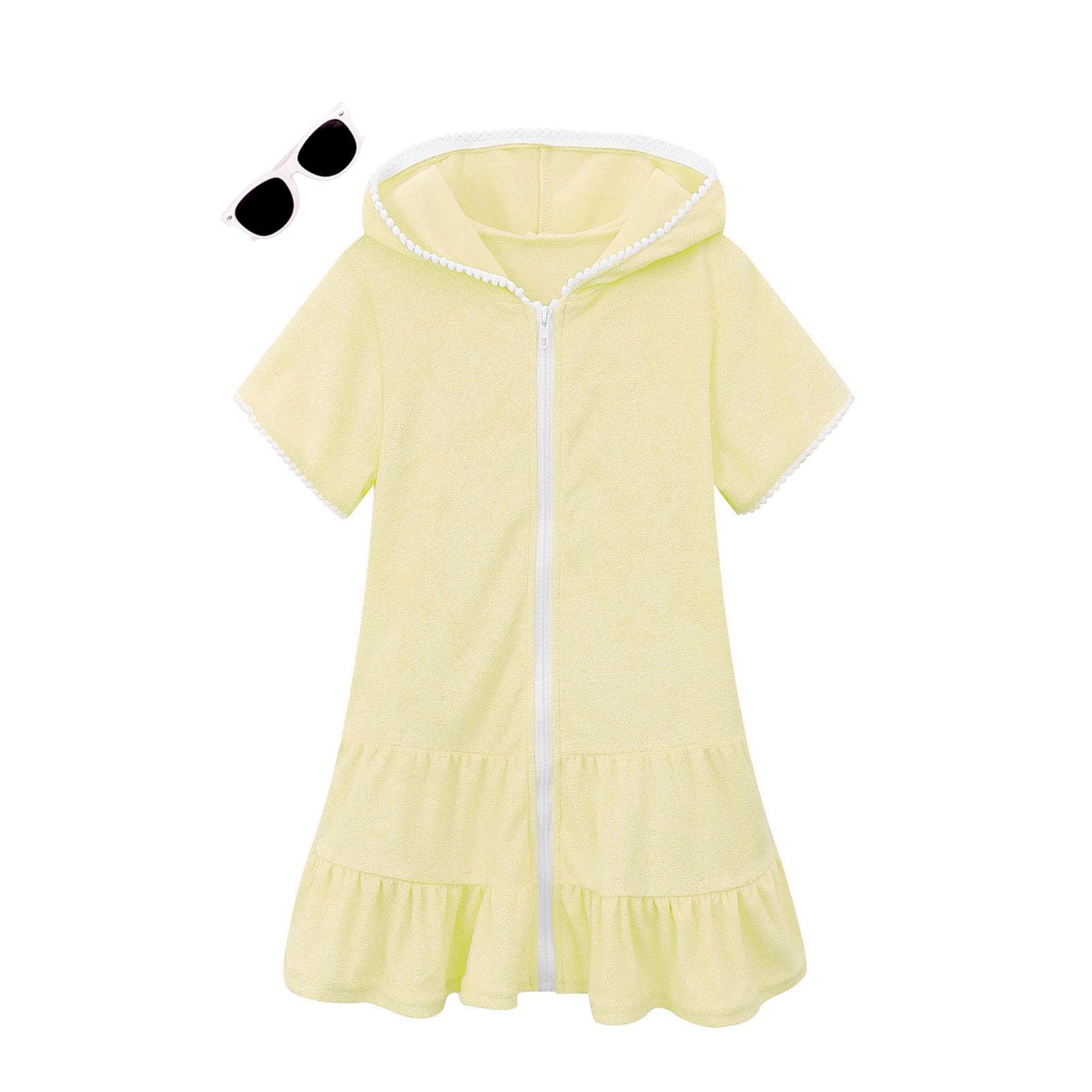 Girls Swim Cover Up Kids Swimsuit Coverup Terry Zip-Up Beach Bathing Suit Wraps with Sunglasses