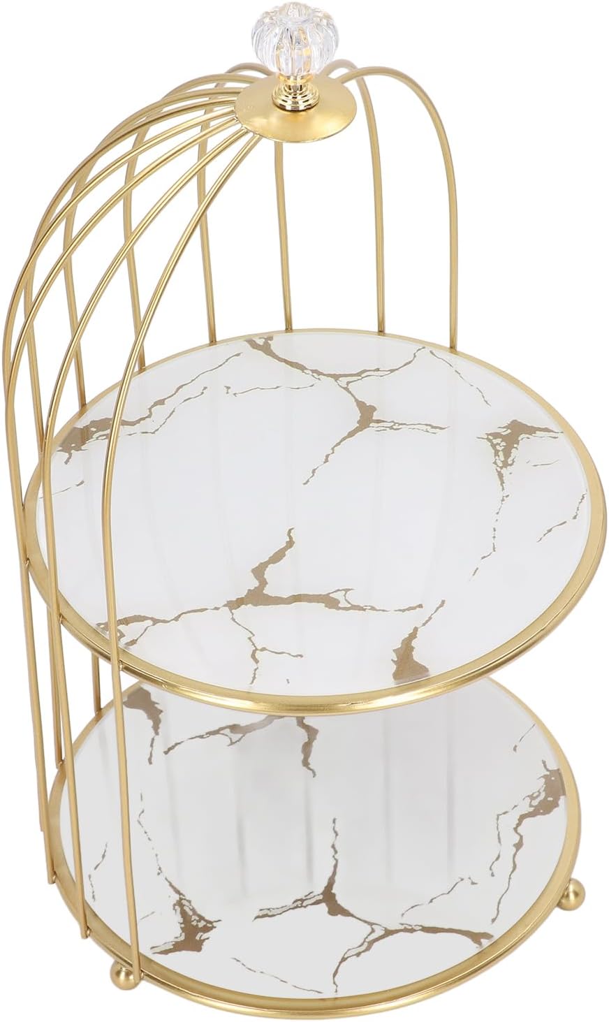 Gold Frame Double Layer Storage Shelf Organizer for Bathroom, Bird Cage Design Display Rack for Countertop and Dressing Table (White Base Gold Pattern)